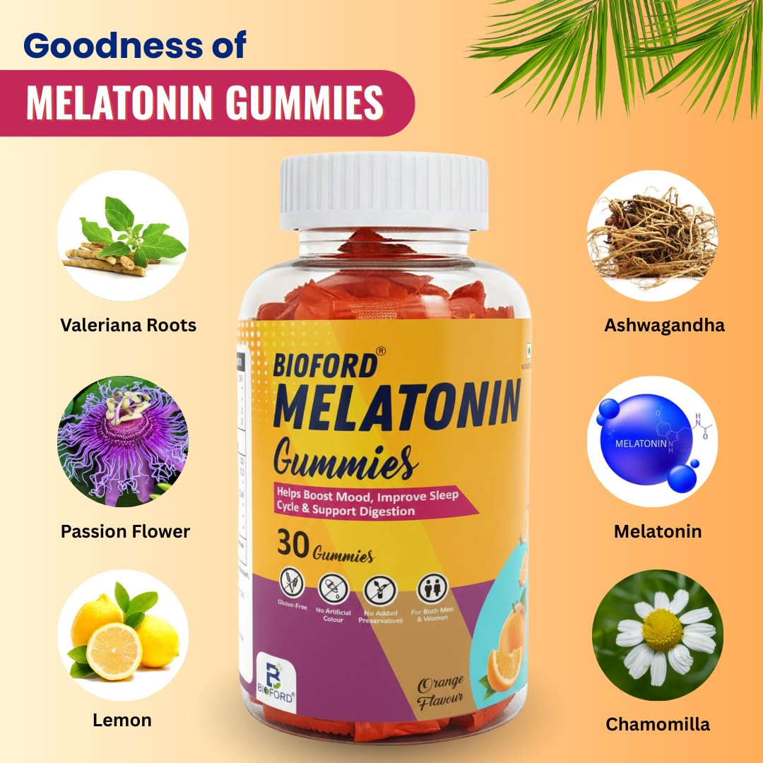 Bioford Melatonin Gummies | Non-Habit Forming | Improves Deep Sleep | Eases Jet Lag | Vegan, Gluten & Gelatin Free | Men & Women | Orange Flavour | 1 X 30 Pack