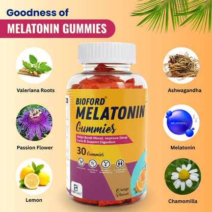 Bioford Melatonin Gummies | Non-Habit Forming | Improves Deep Sleep | Eases Jet Lag | Vegan, Gluten & Gelatin Free | Men & Women | Orange Flavour | 1 X 30 Pack