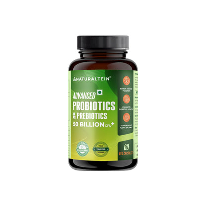 NATURALTEIN Advanced Probiotics & Prebiotics 50 Billion CFU | 9-Strain Gut Health Formula for Digestion, Immunity & Nutrient Absorption | 60 Veg Capsules