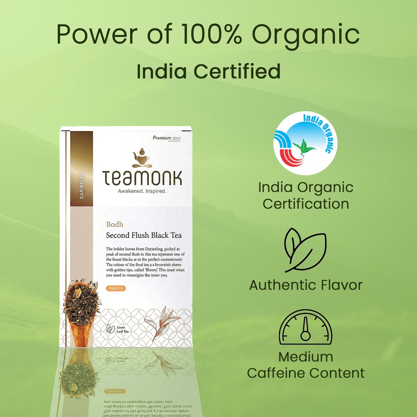 Teamonk Bodh USDA Certified Organic Darjeeling Second Flush Black Tea Leaves (No powder, 50 Cups) - 100 g. Boosts Energy. Antioxidant Properties. Boosts Heart Health and Helps reduce Blood pressure