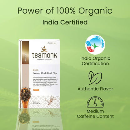 Teamonk Bodh USDA Certified Organic Darjeeling Second Flush Black Tea Leaves (No powder, 50 Cups) - 100 g. Boosts Energy. Antioxidant Properties. Boosts Heart Health and Helps reduce Blood pressure