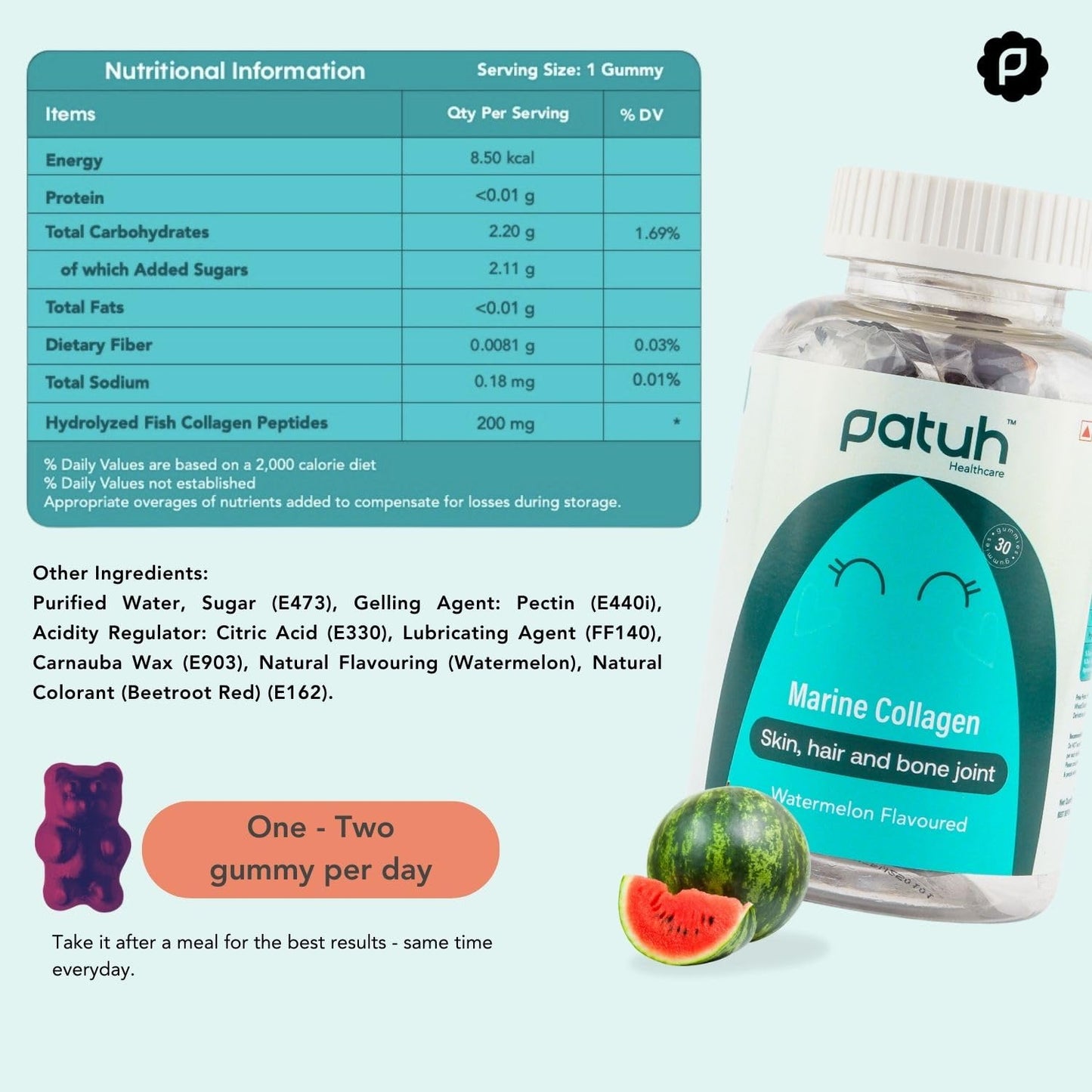 PATUH HEALTHCARE Marine Collagen Gummies for Skin, Hair & Bone Joint | Marine Collagen Supplements Women & Men | Reduces Signs of Aging (Pack of 1, Standard)