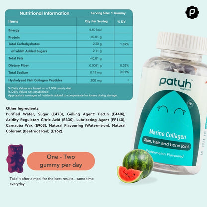 PATUH HEALTHCARE Marine Collagen Gummies for Skin, Hair & Bone Joint | Marine Collagen Supplements Women & Men | Reduces Signs of Aging (Pack of 1, Standard)