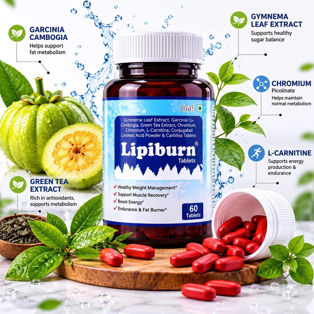 Lipiburn Fat Burner & Weight Management Tablets for Men & Women | Energy Booster & Metabolism Support | Gymnema, Garcinia Cambogia & Green Tea Extract | Supports Muscle Recovery | 60 Tablets