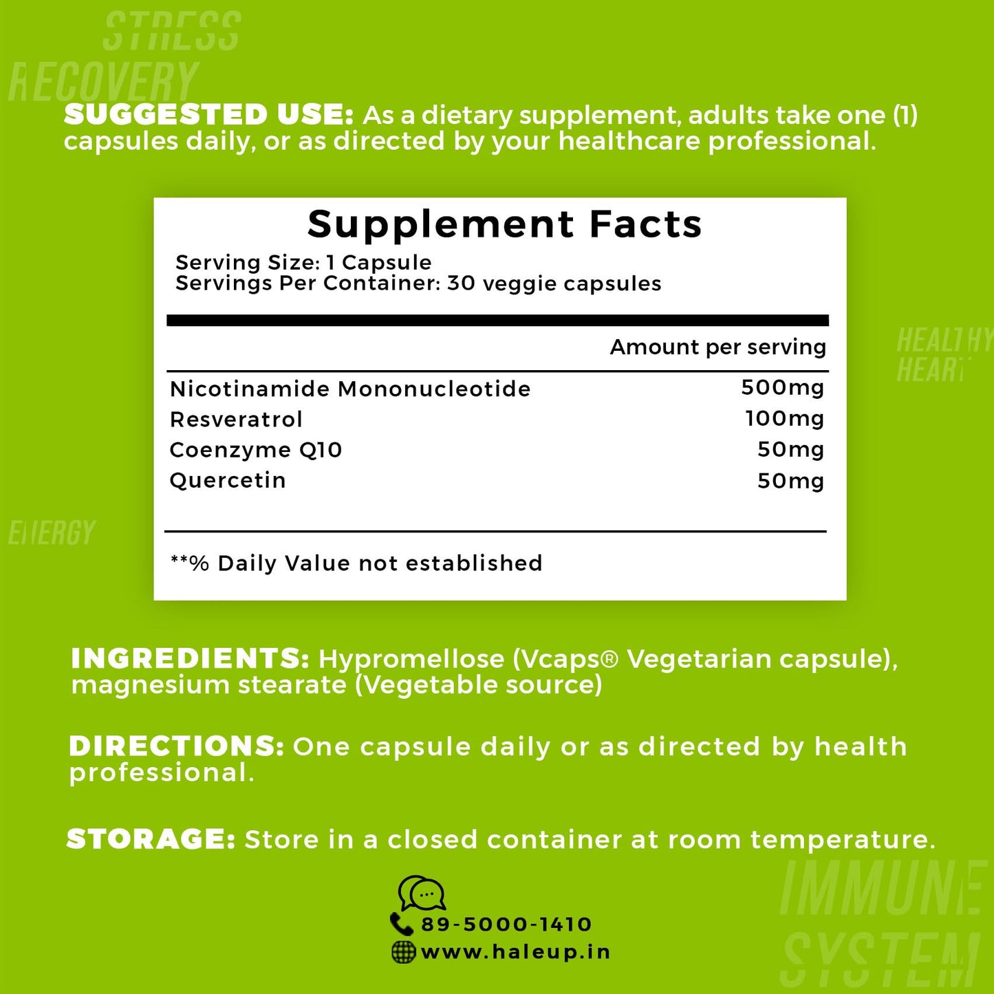 Haleup Usa Nmn 500mg 3-In-1 Formula, Enriched With Resveratrol, Quercetin And Coq10 – 30 Capsules