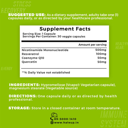 Haleup Usa Nmn 500mg 3-In-1 Formula, Enriched With Resveratrol, Quercetin And Coq10 – 30 Capsules