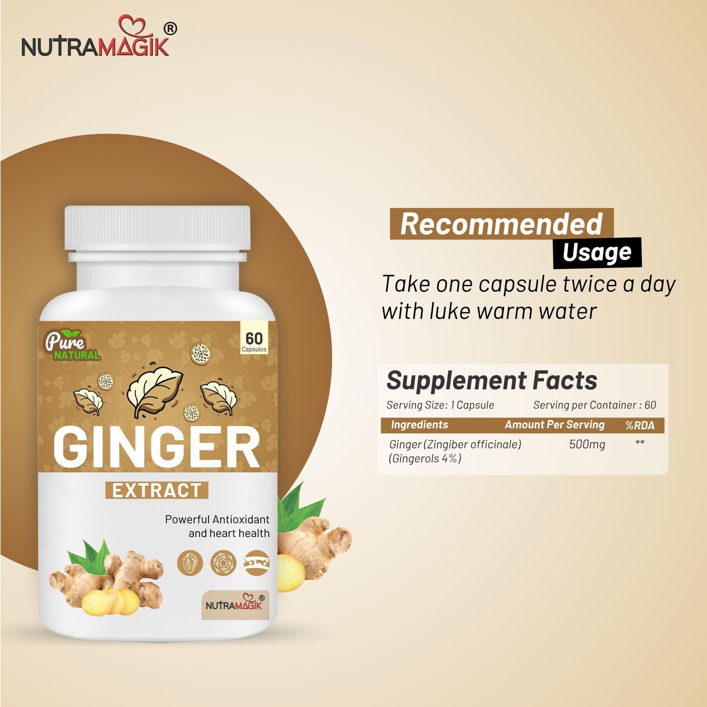 Nutramagik Ginger Extract for Immunity Building- Support Antioxidant and Digestive Health (60 Capsules, 1)