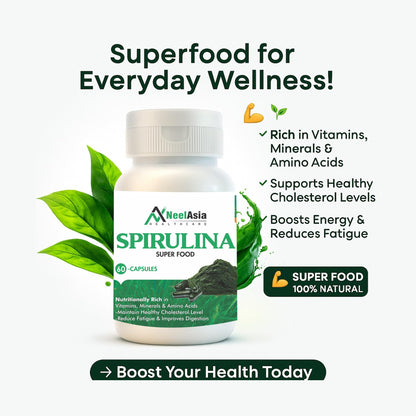Neelasia 100% Organic Spirulina Capsules (1500mg Per Serving) | Natural Superfood Supplement | Rich in Protein, Iron & Antioxidants | Supports Immunity, Energy & Detox | 60 Capsules