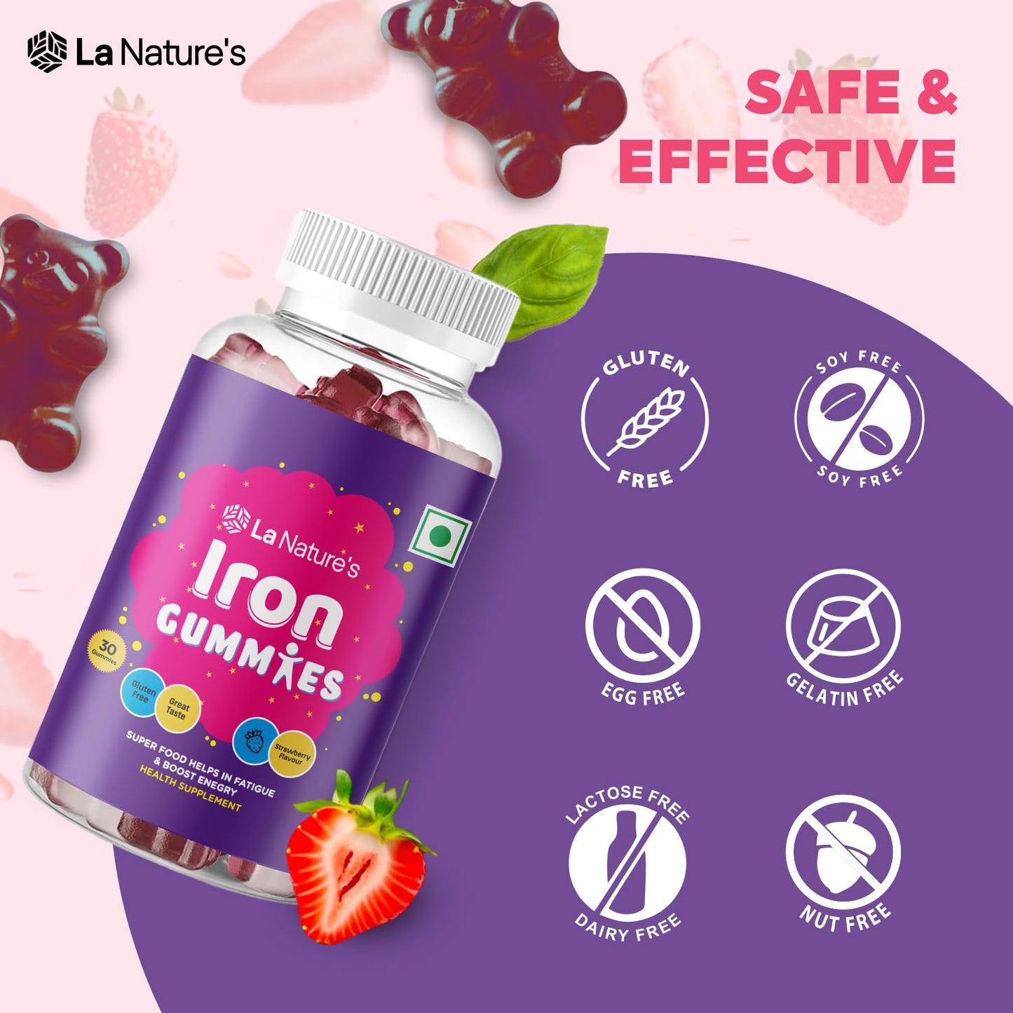 La Nature's Iron Gummies Superfood to Prevent Fatigue and Boost Energy Maintain Hameglobin Level Supports Immune System Good for Pregnancy Health for Women Strawberry Flavour Gummy Bears 30 Gummies