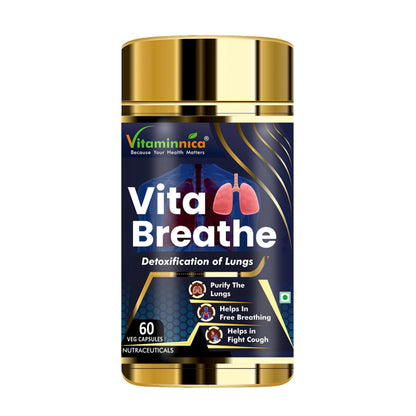 Vitaminnica Vita Breathe- Lungs Support | Cleanse and Detoxify Lungs | Reduces Damage from Smoking, Pollution, Improves Lung Health | 60 Veg Capsules | Better Respiratory Health