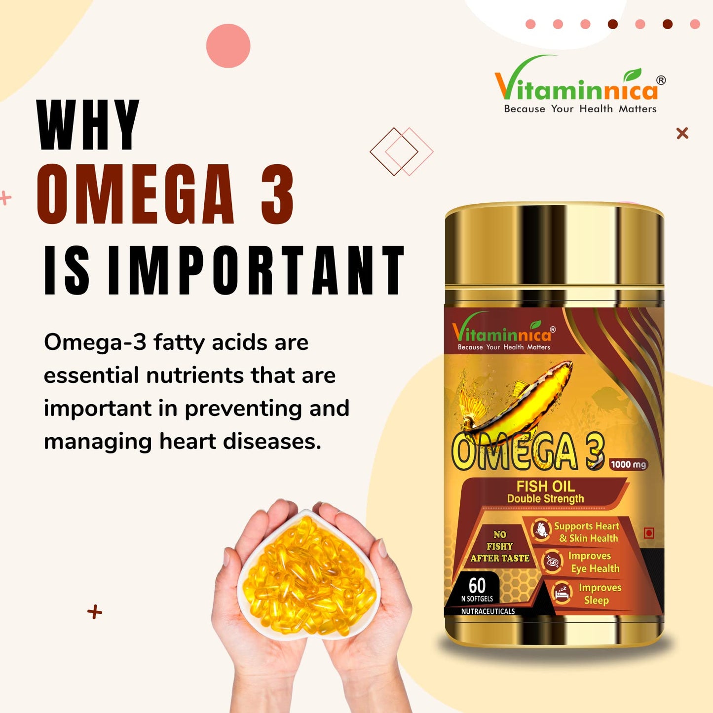 Vitaminnica Salmon Omega 3 Fish Oil Softgels Fatty Acids Great For Eyes, Skin, Heart, Joints & Brain Health || Double Strength (EPA & DHA) 60 Softgels for Men and Women (Pack of 1)