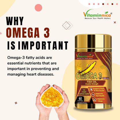 Vitaminnica Salmon Omega 3 Fish Oil Softgels Fatty Acids Great For Eyes, Skin, Heart, Joints & Brain Health || Double Strength (EPA & DHA) 60 Softgels for Men and Women (Pack of 1)