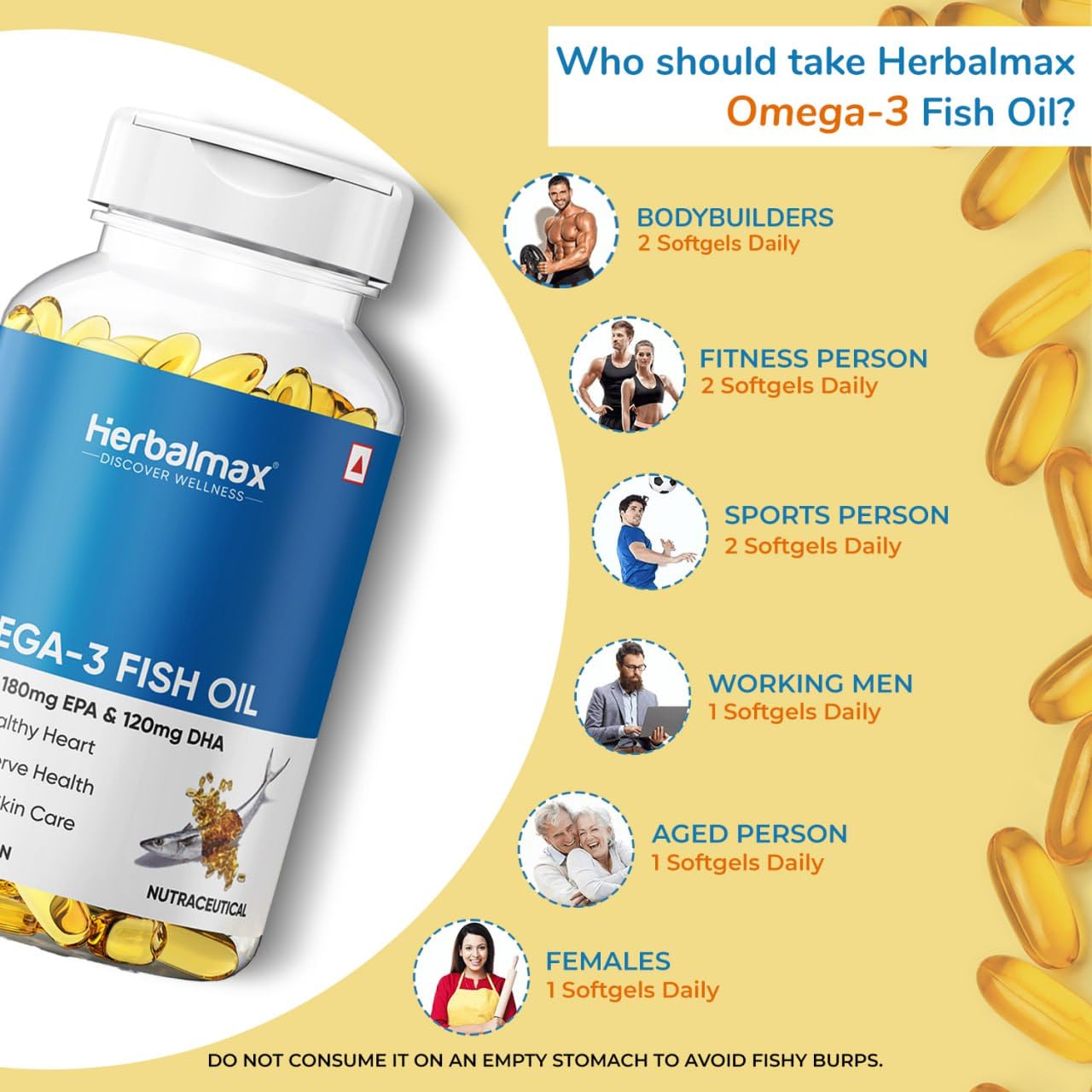 Herbal Max Omega-3 Fish Oil Capsules – 180 Capsules (Pack of 3) | 1000mg Fish Oil with 180mg EPA & 120mg DHA | Heart, Brain & Joint Support | Mercury-Free & Odorless