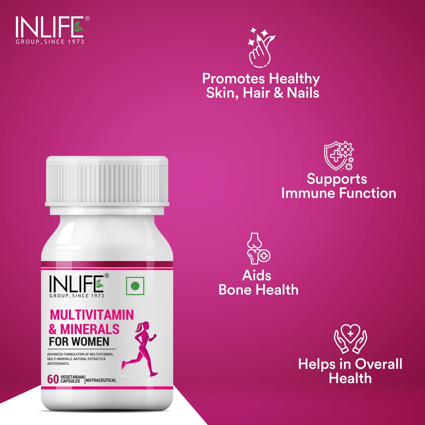 INLIFE Multivitamin for Women with Biotin, Vitamin D, Calcium, & Minerals for Energy, Hair, Skin, Nails, Bone - 60 Veg Capsules (Women) (Pack of 2, 120)