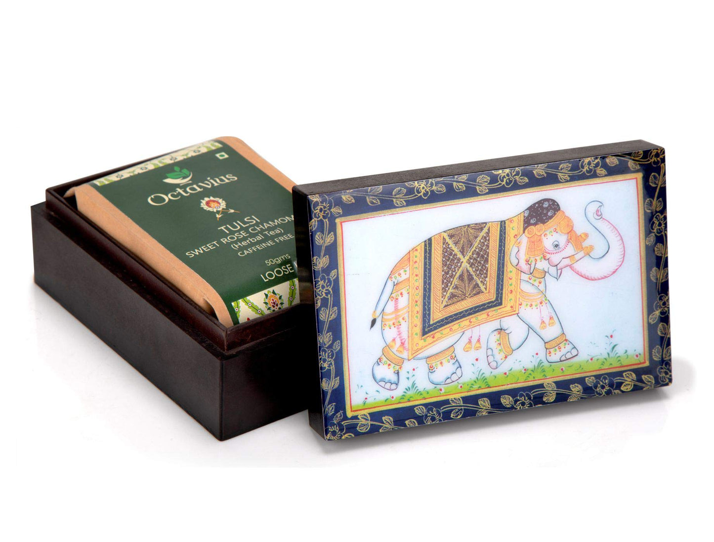 Octavius Tulsi Rose Chamomile Tisane Whole leaf tea in Darkwood Handcrafted Wooden gift box with Traditional Indian Elephant Pattern On The Lid | Caffeine Free | - 50 Gms (50 Servings)