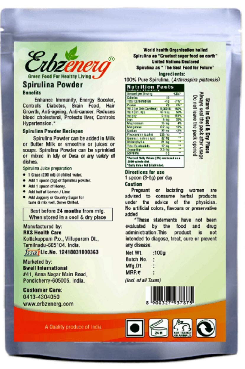 ERBZENERG® Organic Spirulina Powder 100g | Pack of 2