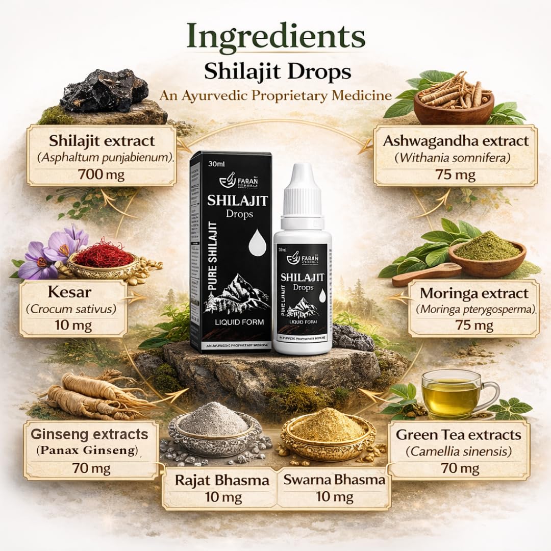 FARAN HERBALS Shilajit Drops (Liquid) with Ashwagandha, Ginseng & Kesar | Ayurvedic Energy & Vitality Support | 30 ml