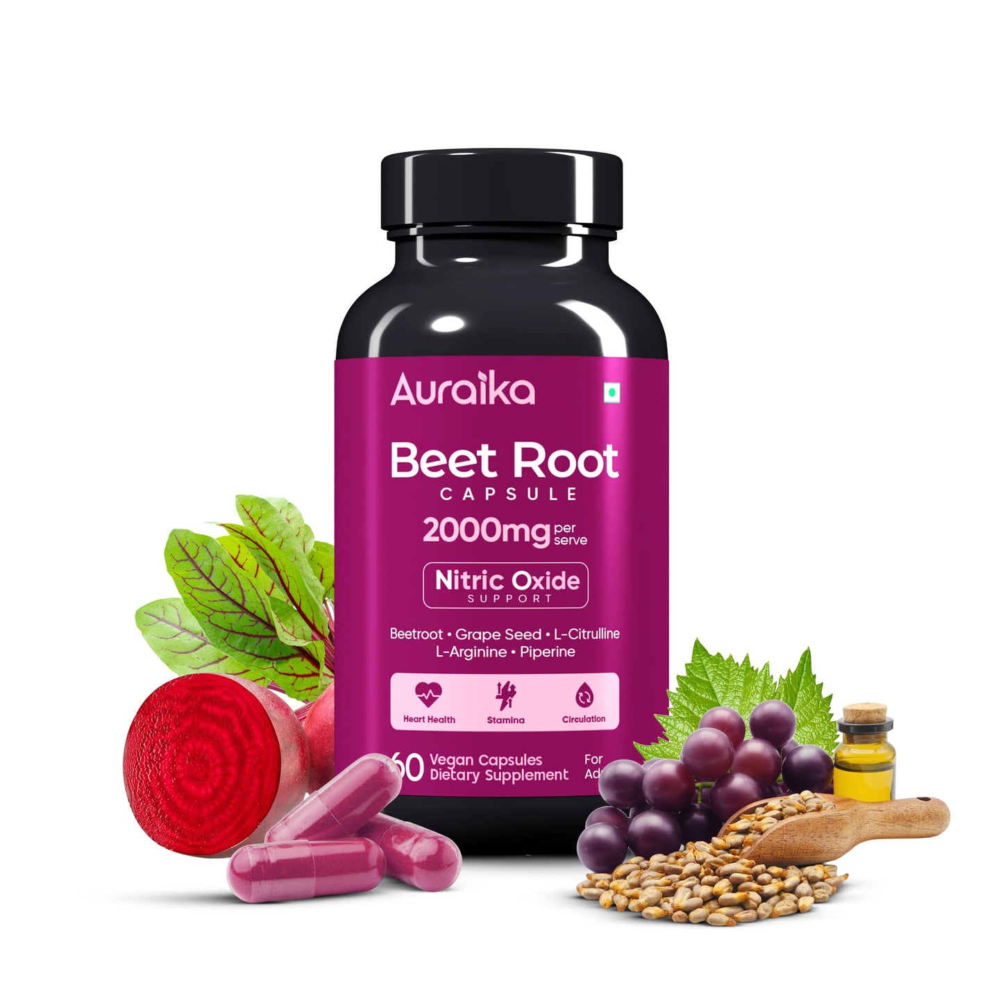 Auraika Beet Root Capsules 2000mg | 6-in-1 Nitric Oxide Support with Beetroot, L-Arginine, L-Citrulline & Grape Seed | Supports Circulation, Heart & Muscle Health, Energy, Stamina & Endurance | 60 Vegan Capsules