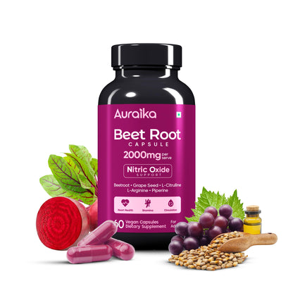 Auraika Beet Root Capsules 2000mg | 6-in-1 Nitric Oxide Support with Beetroot, L-Arginine, L-Citrulline & Grape Seed | Supports Circulation, Heart & Muscle Health, Energy, Stamina & Endurance | 60 Vegan Capsules