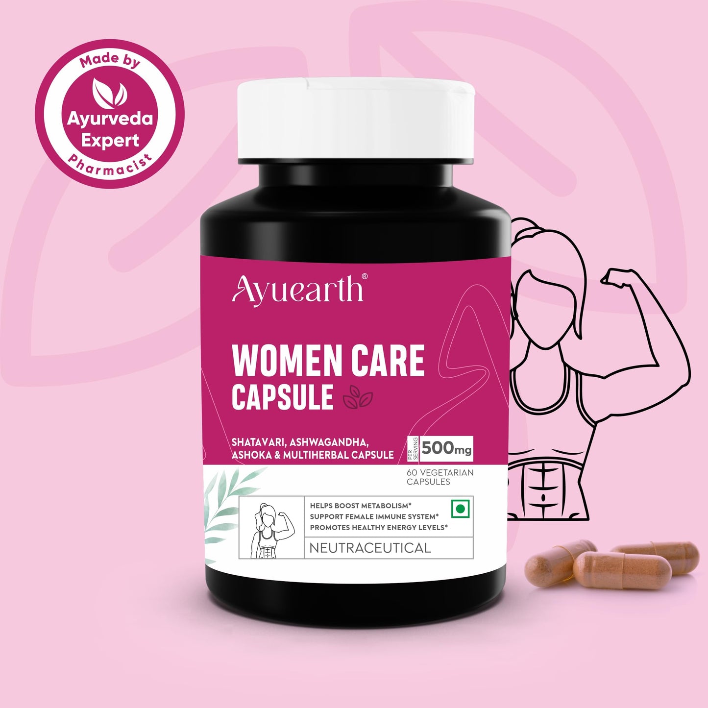 Ayuearth Women Care Capsule 500 mg | Women Wellness | Multiherbal Capsule | Support Female Immune System | Promotes Energy Levels | Restore Hormonal Balance | 60 Veg Capsules