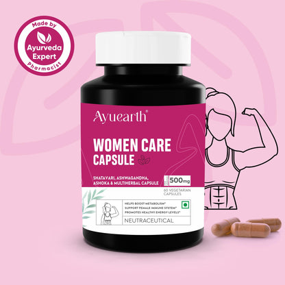 Ayuearth Women Care Capsule 500 mg | Women Wellness | Multiherbal Capsule | Support Female Immune System | Promotes Energy Levels | Restore Hormonal Balance | 60 Veg Capsules