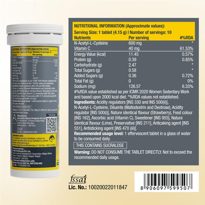 FAST&UP Detox Lung N-Acetylcysteine 600mg + Vitamin C - Lung Protective Supplement, 10 Tablets – Respiratory & Lung Health - Strawberry Flavour
