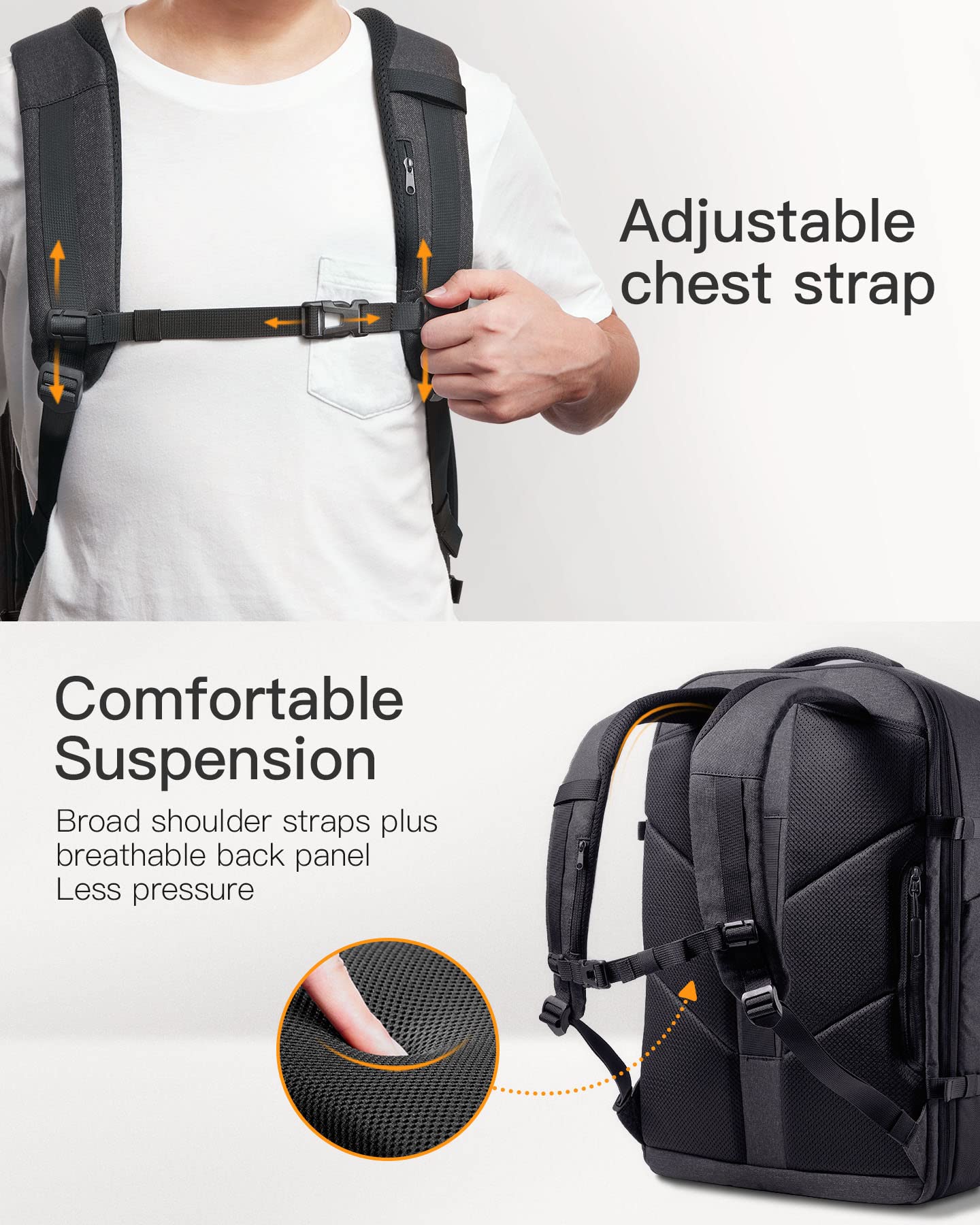 Inateck Large Airline Approved Carry-On Travel Backpack, Black, 46.2L, Expandable Travel Backpacks for Women and Men