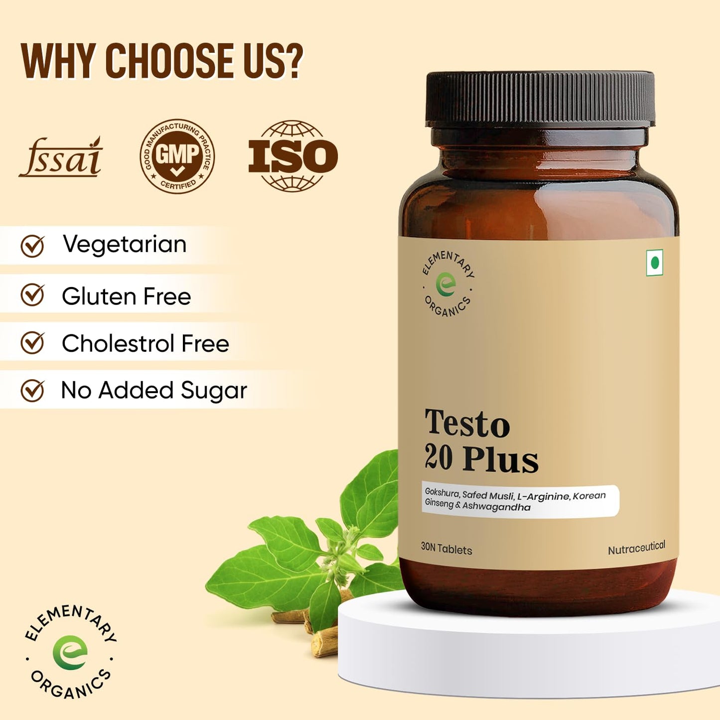 Elementary Organics Testo 20 Plus Supplement with Gokshura, Safed Musli, L-Arginine, Ashwagandha | Strength | Stamina | Performance | Energy – 30 Veg Tablets
