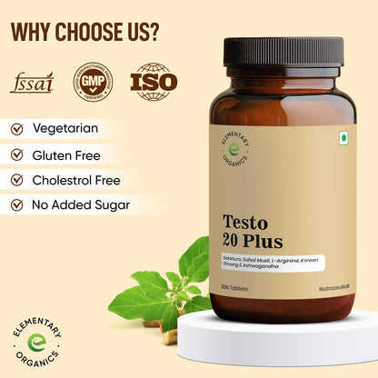 Elementary Organics Testo 20 Plus Supplement with Gokshura, Safed Musli, L-Arginine, Ashwagandha | Strength | Stamina | Performance | Energy – 30 Veg Tablets