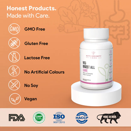 Autoimmunity Care Veg Digest All Care – Complete Digestive Enzymes Supplement with Betaine HCl | Supports Faster Digestion, Acidity, Bloating & Gas Relief | Digestive Enzyme Tablets | 30 Caps (30 dose)