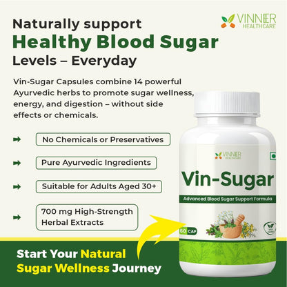 Vinner Healthcare Vin-Sugar Advanced Blood Sugar Support Formula, 60 Capsules, Ayurvedic Herbal Supplement (For both Men and Women)