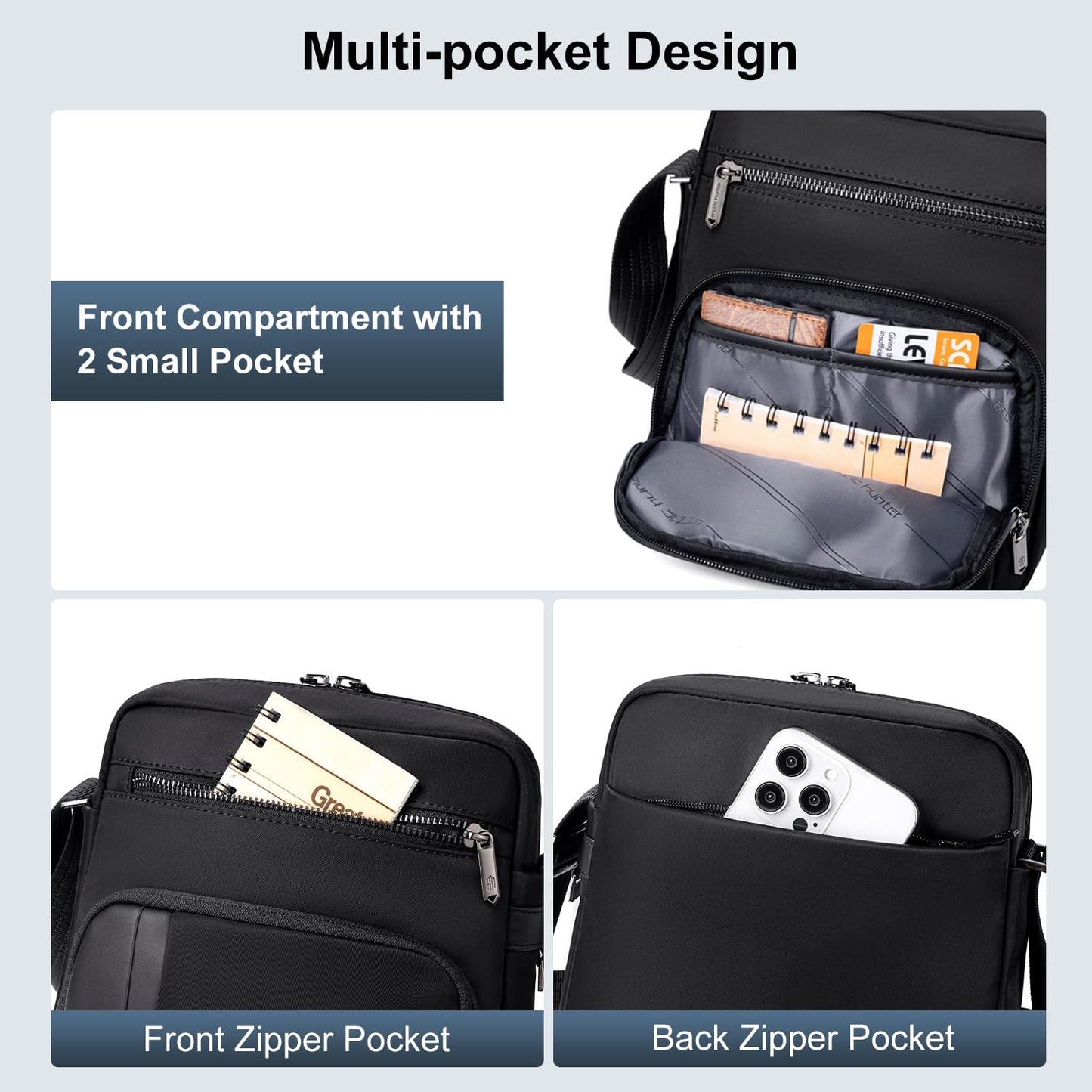 Arctic Hunter Nylon Sling Bag for Men Water Repellent Multiple Pockets Premium Side Messengert Shoulder Bag for 8" iPad Phone Casual Office College Travel, Black