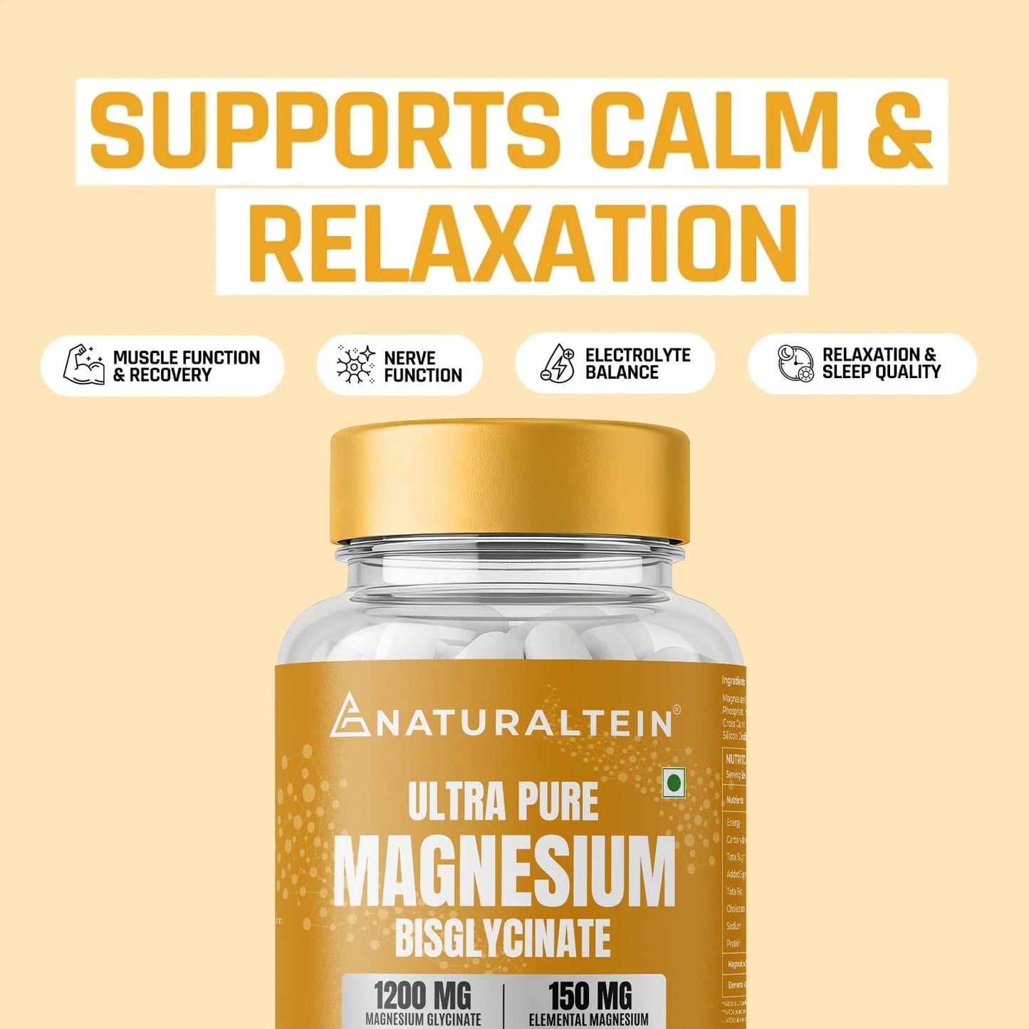 Naturaltein Magnesium Glycinate 1200mg (150mg Elemental) | Chelated High Absorption Magnesium Supports Sleep Quality & Muscle Relaxation | Glyphosate Tested | 60 Tablets