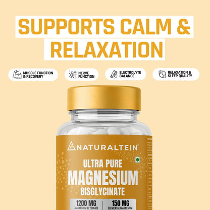 Naturaltein Magnesium Glycinate 1200mg (150mg Elemental) | Chelated High Absorption Magnesium Supports Sleep Quality & Muscle Relaxation | Glyphosate Tested | 60 Tablets