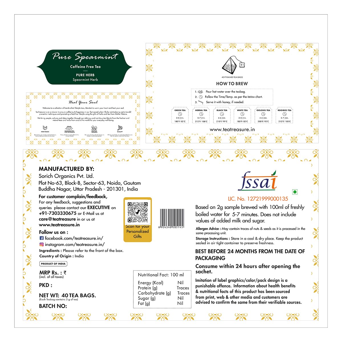 Tea Treasure - Spearmint Herbal Tea - 40 Tea Bags | Caffeine Free Mint Tea helps in Digestion, Hormonal Balance, PCOS, Weight Management & Reduces Facial Hair | 40 TB