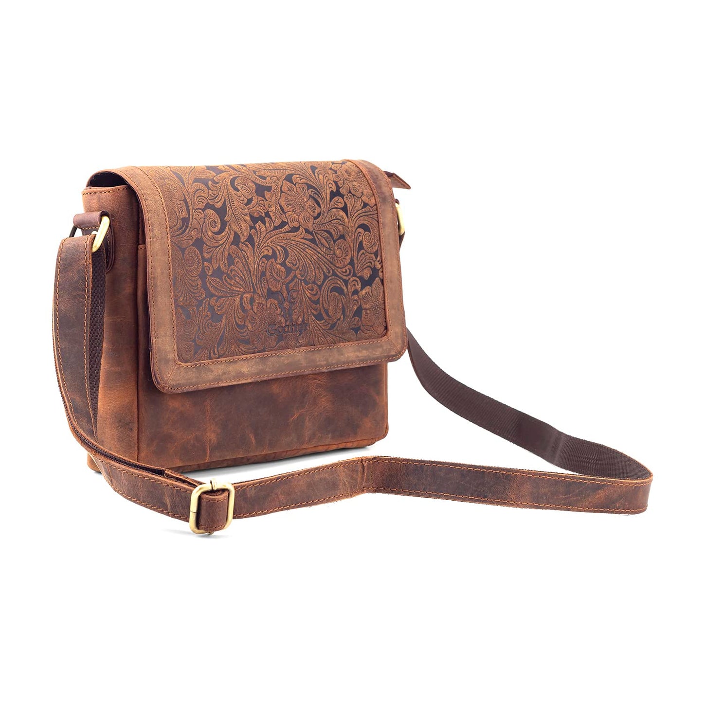 Goatter Hunter Leather Floral Sling Bag for Girls and Women,Brown
