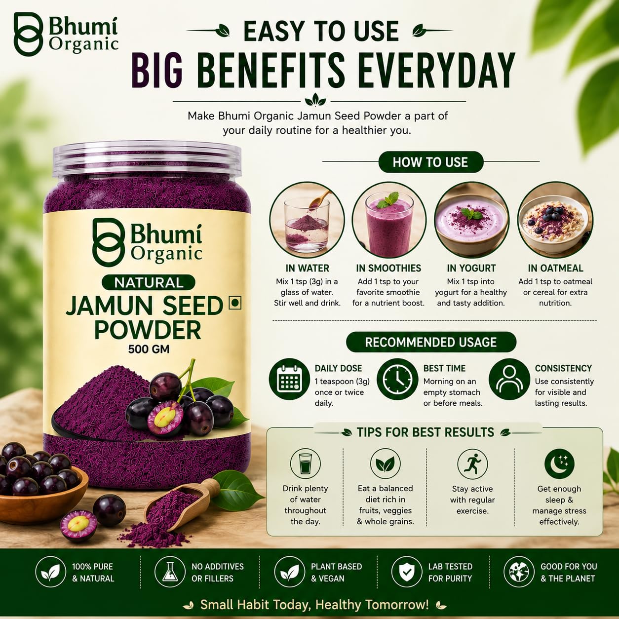 Bhumi Organic Ayurveda Jamun Seed Powder for Diabetes - 500 Grams - Pure Natural Herbal Supplement