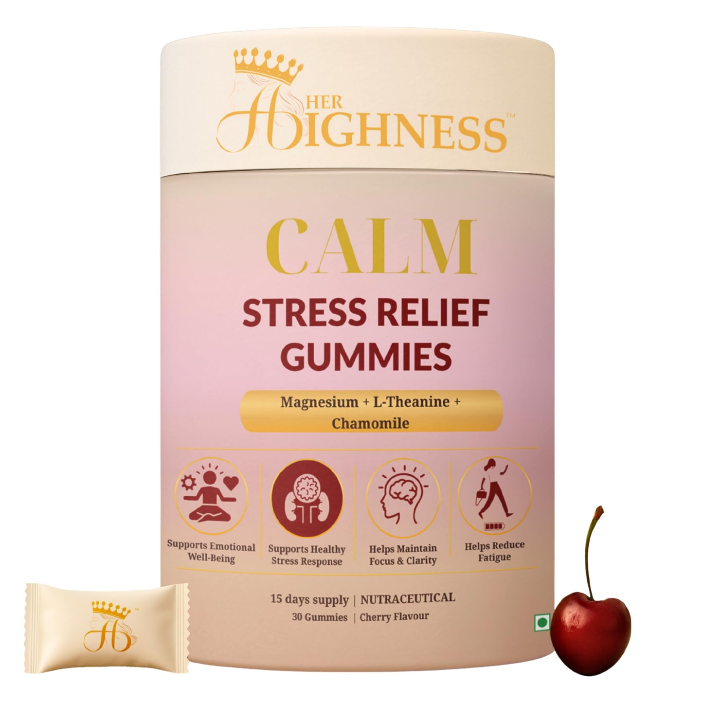 Her Highness CALM Stress Relief Gummies for Women | 30 Gummies | Magnesium, L-Theanine, Chamomile | Stress Support, Emotional Balance, Focus & Relaxation | No Added Sugar | No Added Preservatives | 100% Veg | Cherry Flavour