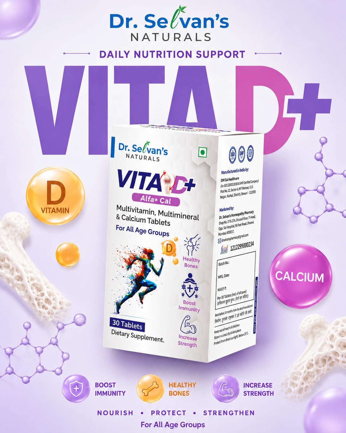 Dr. Selvan's Naturals Vita D+ Alfa+Cal Multivitamin, Multimineral & Calcium Tablets- Pack of 2 (60 Tablets)