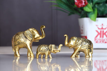 Elephant Showpiece Metal Statue Small Size Gold Polish 3 pcs Set for Decorative