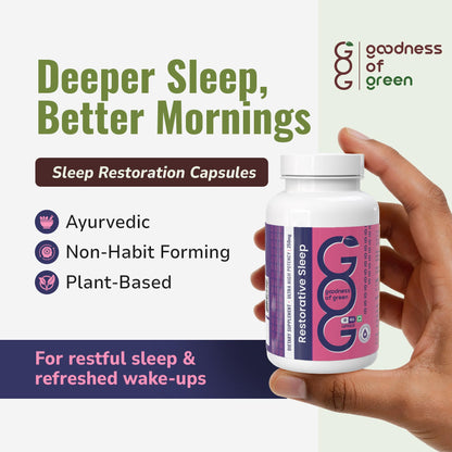 Goodness of Green Restorative Sleep Capsules, Ashwagandha & Black Pepper, Reduces Stress, Improves Sleep Quality & Rebalances Your Sleep Cycle, Plant-Based 30 Veg Capsules