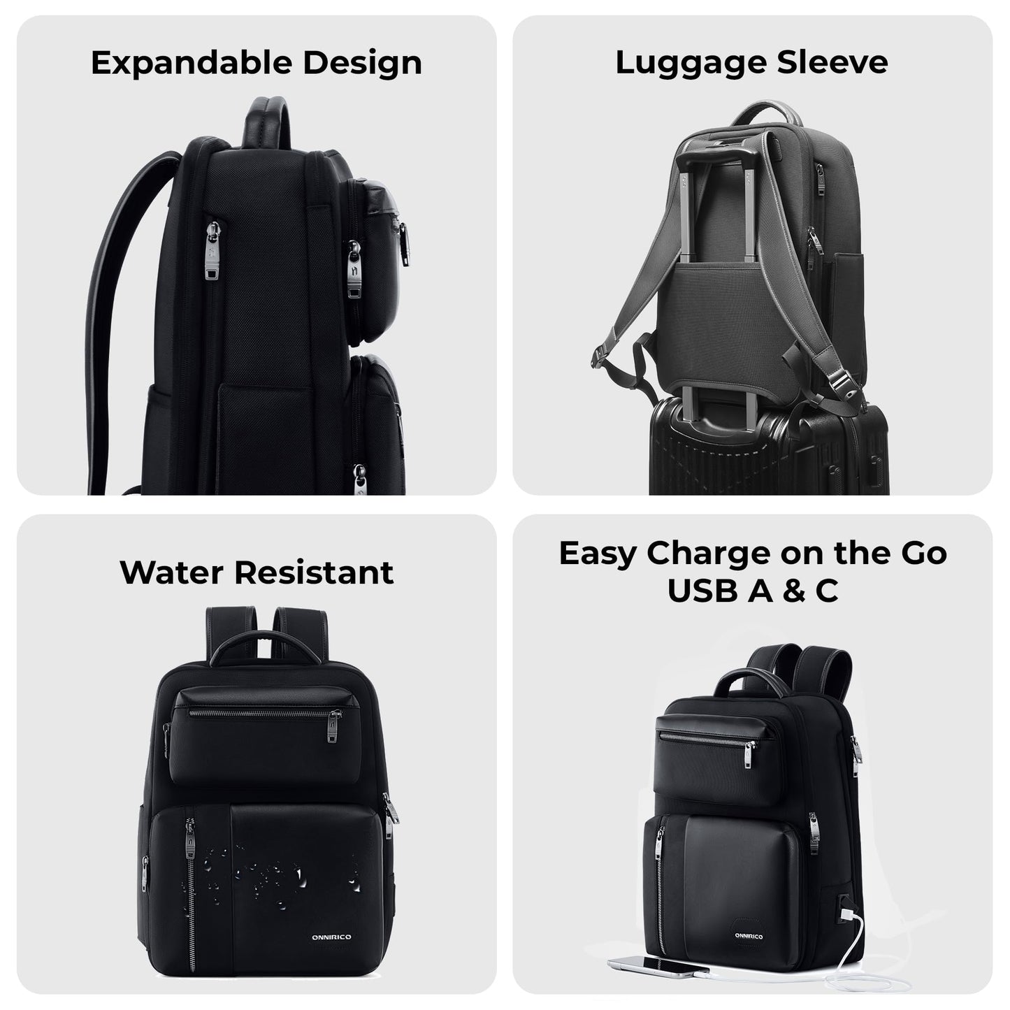 ONNIRICO 21.6L 3-in-1 Expandable Laptop Backpack, TSA Friendly Water Resistant Travel Rucksack with 2 Detachable Pouches, 180° Opening Professional Business Bag for Men & Women, Infinity Black