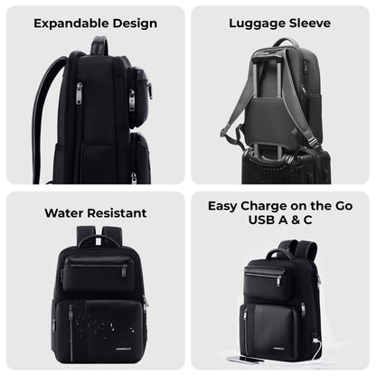 ONNIRICO 21.6L 3-in-1 Expandable Laptop Backpack, TSA Friendly Water Resistant Travel Rucksack with 2 Detachable Pouches, 180° Opening Professional Business Bag for Men & Women, Infinity Black