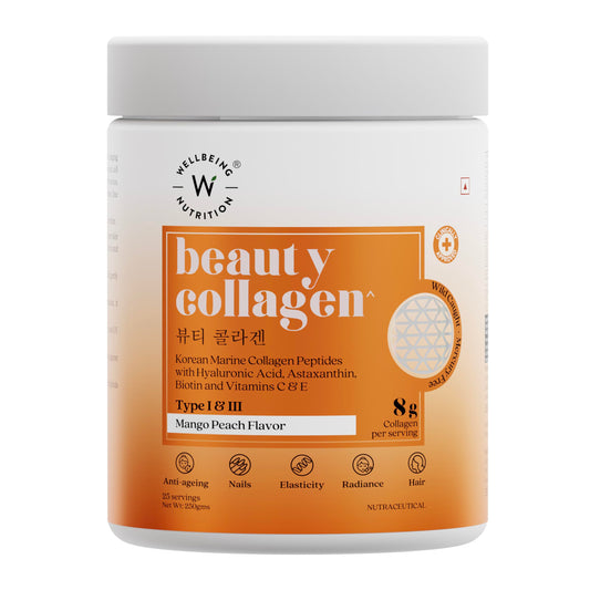 Wellbeing Nutrition Beauty Collagen with Hyaluronic Acid | Collagen Supplements for Women & Men | Collagen Powder with Biotin and Vitamins for Skin Radiance & Anti-Aging | 250g - Mango Peach Flavor