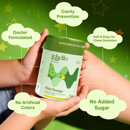 WHELLO Omega Gummies for Kids Age 4+ | No Added Sugar 30 Gummies | 100% Vegan - Mixed Berry Flavor | Improved Brain Development & Immune Support Supplements | Omega 3 with Vitamin C, Flaxseed Oil