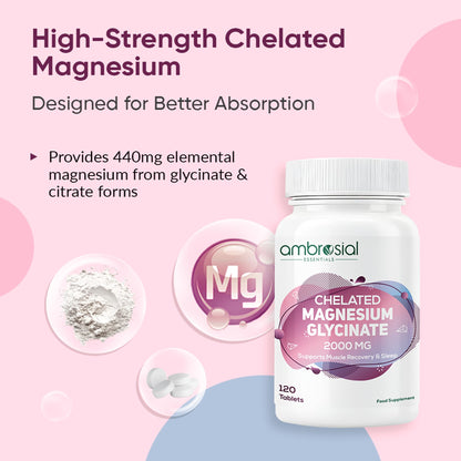 Ambrosial Chelated Magnesium Glycinate 2000mg | Provides 440mg Elemental Magnesium per Serving | 120 Vegan Tablets