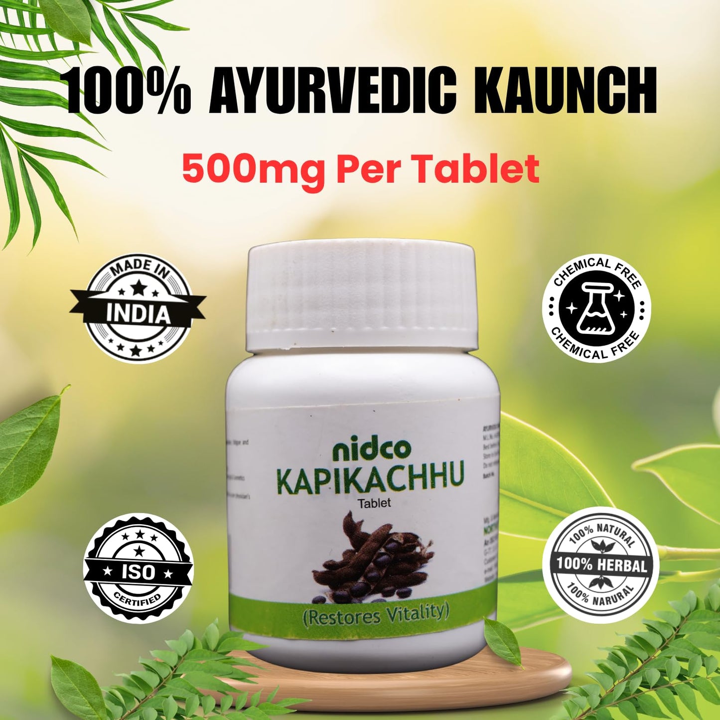 NIDCO Herbal Heritage Kapikachhu Tablets 500 mg | Mucuna Pruriens Tablets for Brain Health, Energy & Stamina | Black Kaunch Beej | Ayurvedic Velvet Beans | 60 Pure Herbal Veg Kala Konch Beej