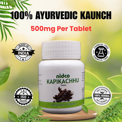 NIDCO Herbal Heritage Kapikachhu Tablets 500 mg | Mucuna Pruriens Tablets for Brain Health, Energy & Stamina | Black Kaunch Beej | Ayurvedic Velvet Beans | 60 Pure Herbal Veg Kala Konch Beej