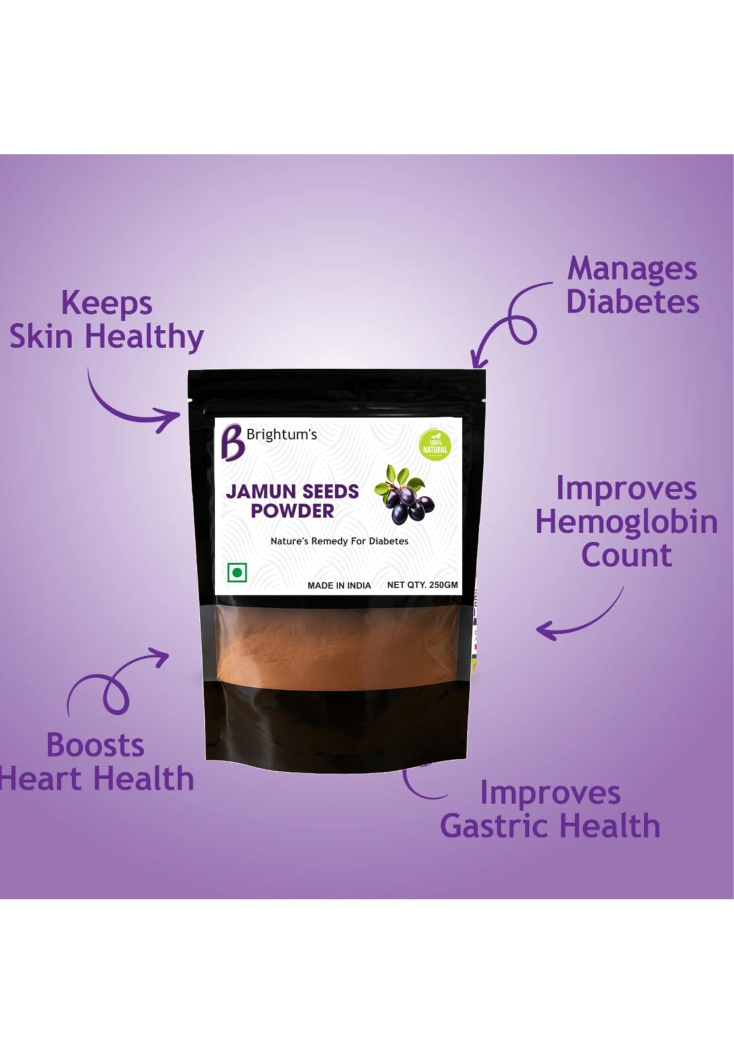 BRIGHTUM'S Jamun Seeds Powder, Natural Diabetes Support Supplement, 250g, Made in India