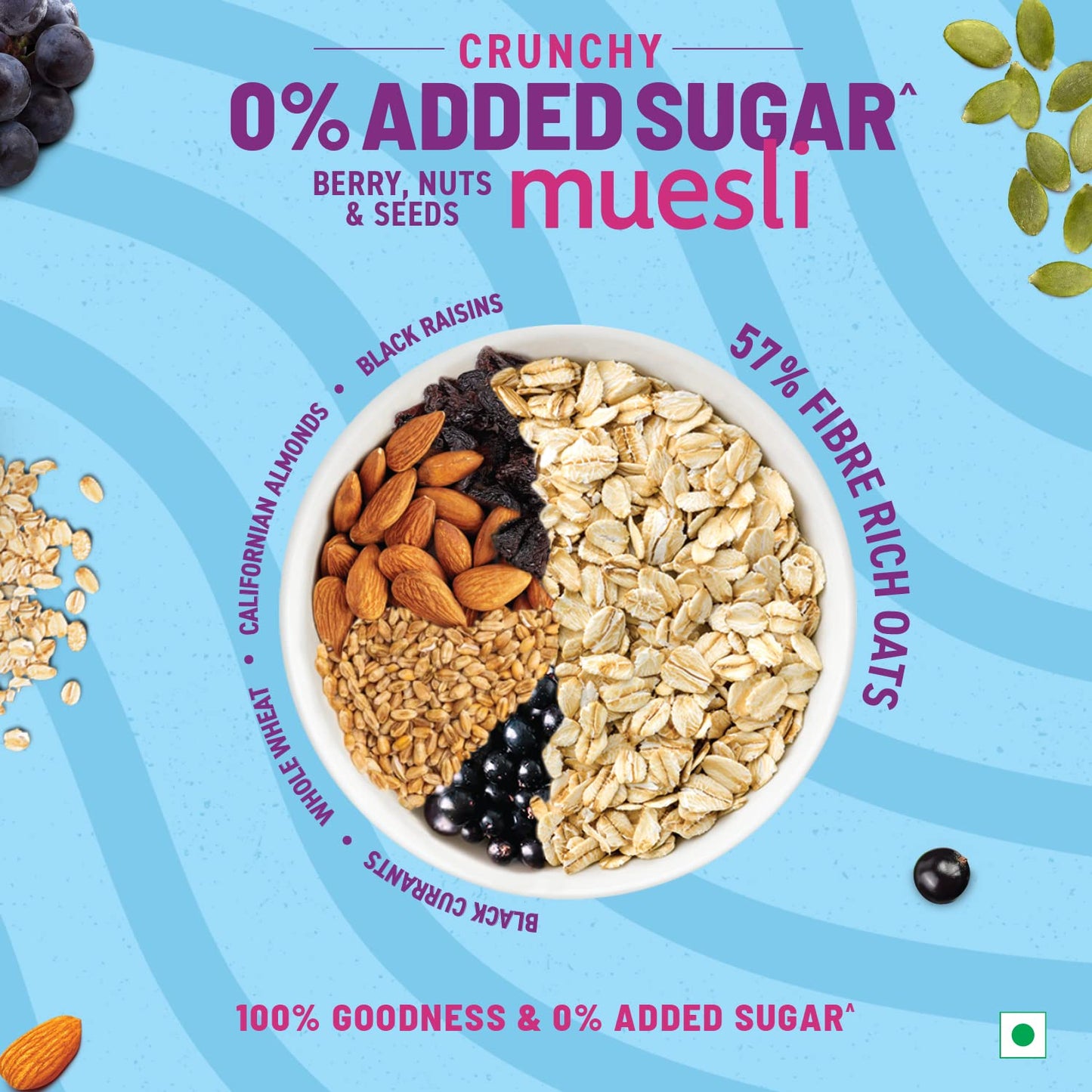 Bagrrys 0% Added Sugar Muesli – Berry, Nuts & Seeds 500g | Whole Grain Breakfast Cereal | Helps Manage Weight |0% Added Sugar